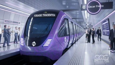 Projeção artística do trem da Linha 16-Violeta parado na futura plataforma da Estação Oscar Freire, em São Paulo