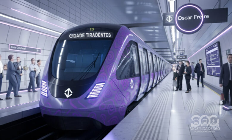 Projeção artística do trem da Linha 16-Violeta parado na futura plataforma da Estação Oscar Freire, em São Paulo