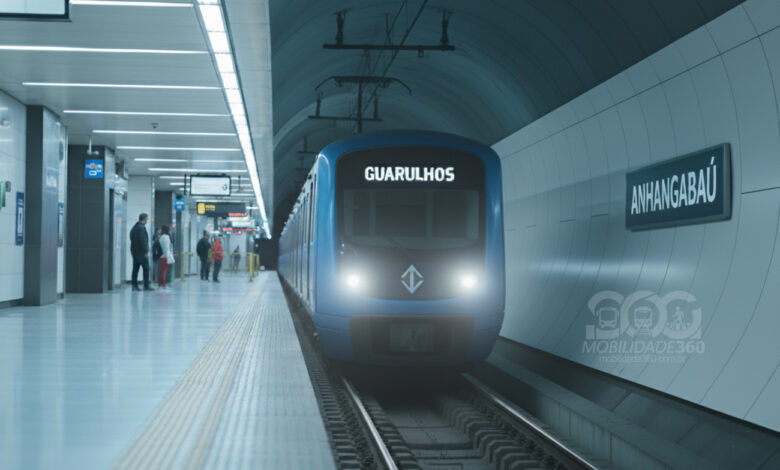 Trem azul da Linha 19-Celeste na plataforma da estação Anhangabaú, com 