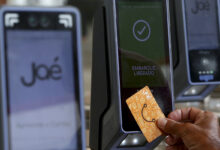 Mão de passageiro usa cartão Jaé em validador do sistema de Autopass bilhetagem, que exibe 