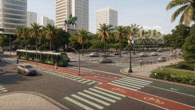 VLT no Centro de São Paulo em avenida com ciclovia e áreas verdes; imagem ilustrativa de integração urbana