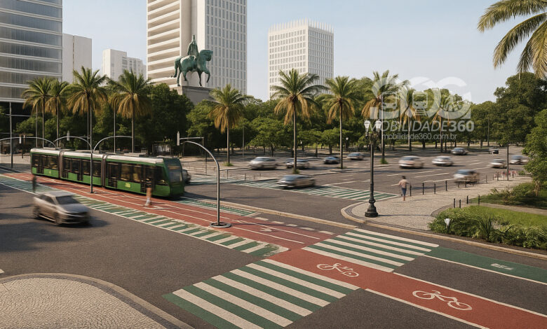 VLT no Centro de São Paulo em avenida com ciclovia e áreas verdes; imagem ilustrativa de integração urbana