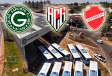 Montagem do Terminal Praça da Bíblia com os escudos do Goiás, Atlético-GO e Vila Nova, ilustrando o projeto para os terminais de ônibus em Goiânia ganharem nomes de times.