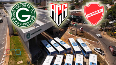 Montagem do Terminal Praça da Bíblia com os escudos do Goiás, Atlético-GO e Vila Nova, ilustrando o projeto para os terminais de ônibus em Goiânia ganharem nomes de times.
