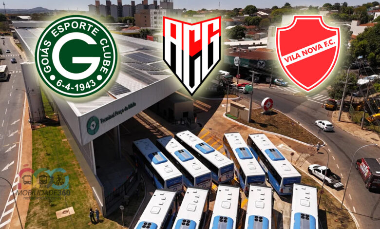 Montagem do Terminal Praça da Bíblia com os escudos do Goiás, Atlético-GO e Vila Nova, ilustrando o projeto para os terminais de ônibus em Goiânia ganharem nomes de times.