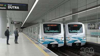 Renderização da Estação Dutra da Linha 2-Verde, com dois trens parados na plataforma. Passageiros aguardam.