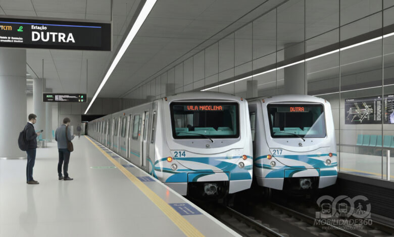 Renderização da Estação Dutra da Linha 2-Verde, com dois trens parados na plataforma. Passageiros aguardam.
