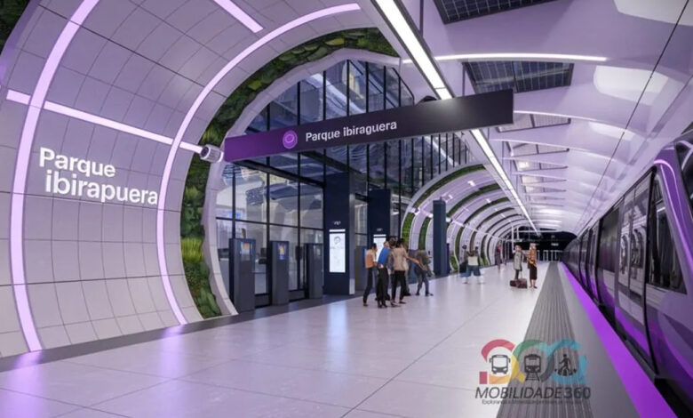 Projeção artística da futura estação Parque Ibirapuera, que fará parte do traçado da Linha 16-Violeta do Metrô de São Paulo.
