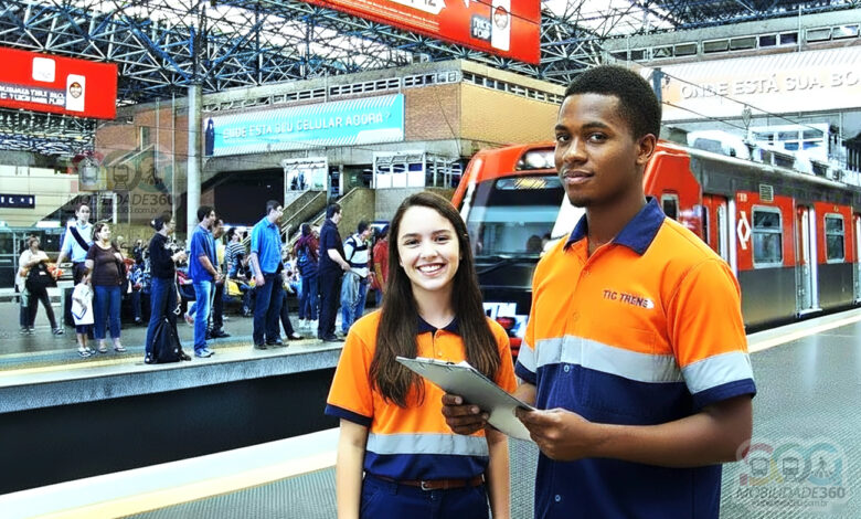 Dois jovens, uniformizados com "TIC Trens", sorriem em estação de trem. Ilustra Vaga Jovem Aprendiz TIC Trens.