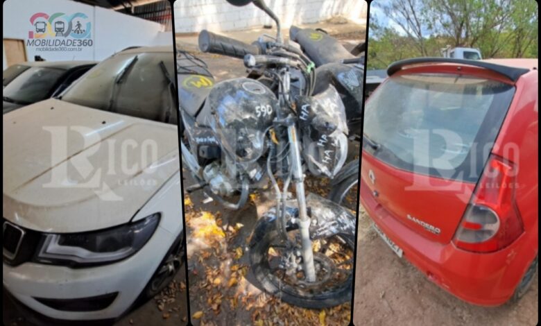 Imagens de carros e motos em um pátio, itens do próximo leilão do Detran SP.