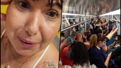 Montagem. À esquerda, Mariana Xavier com expressão de cansaço. À direita, um vagão de metrô rio lotado em horário de pico.