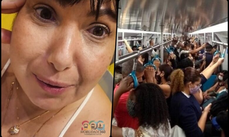 Montagem. À esquerda, Mariana Xavier com expressão de cansaço. À direita, um vagão de metrô rio lotado em horário de pico.