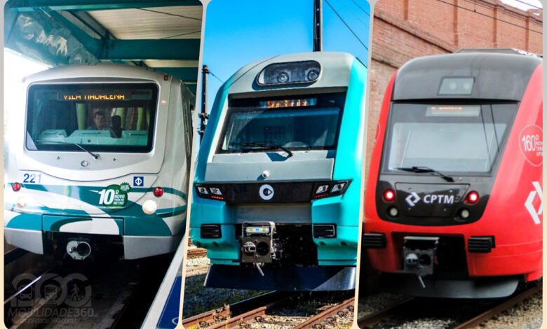 Três trens, um do Metrô, um da ViaMobilidade e um da CPTM, representando as obras metrô trens SP.