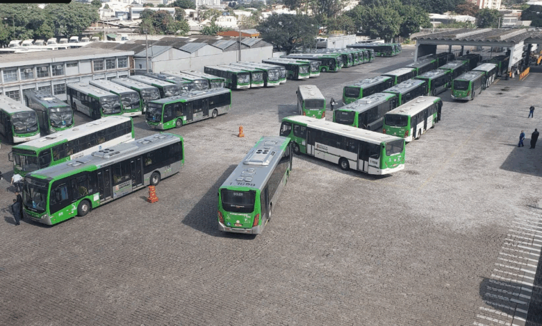 Pátio da Viação Santa Brígida com dezenas de ônibus, ambiente onde a história de Túlio Coelho se desenvolveu na empresa.
