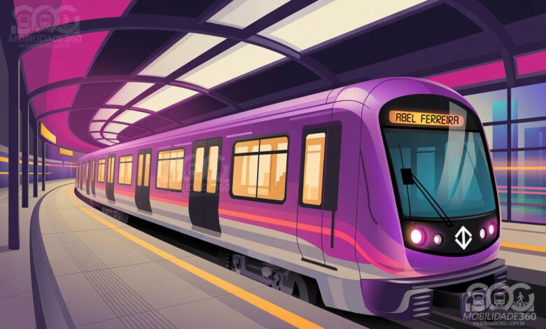 Ilustração do trem da Linha 16-Violeta do Metrô de SP em uma estação, de cor roxa e rosa.