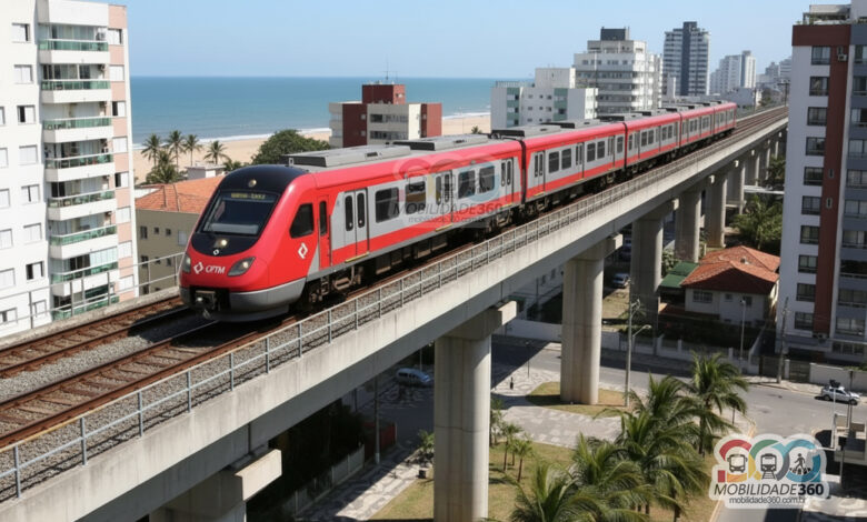 Imagem ilustrativa para matéria sobre a licitação ambiental CPTM mostra trem da companhia em uma cidade litorânea.